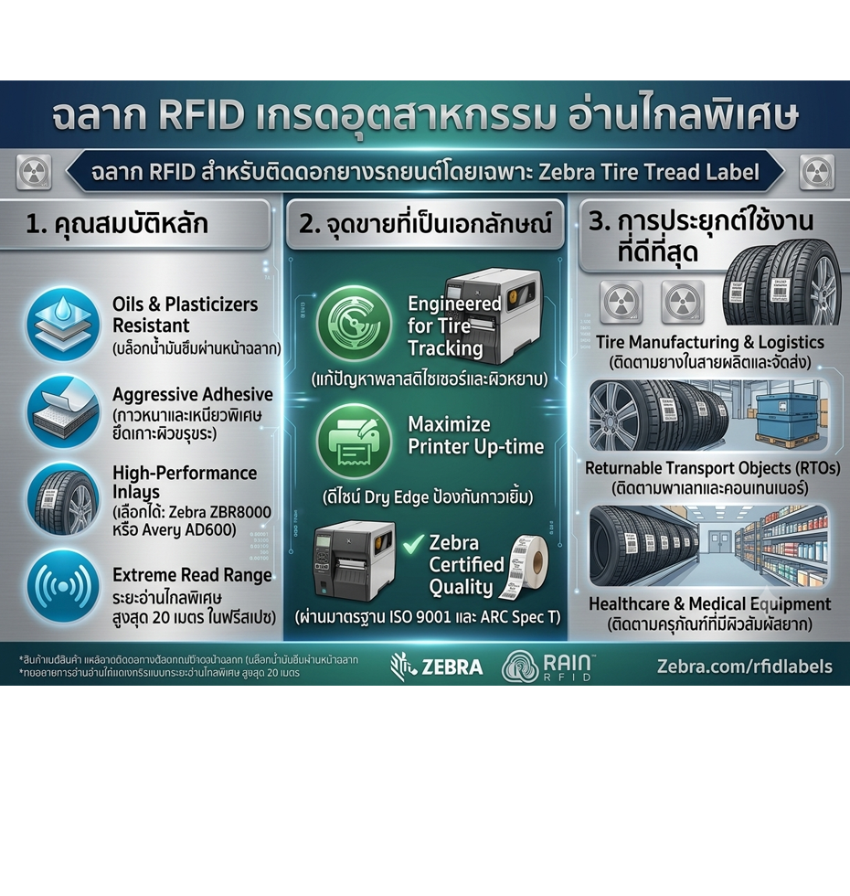 สติกเกอร์ RFID Zebra Zebra RFID Tire Tread Label สำหรับติดตามยางรถยนต์