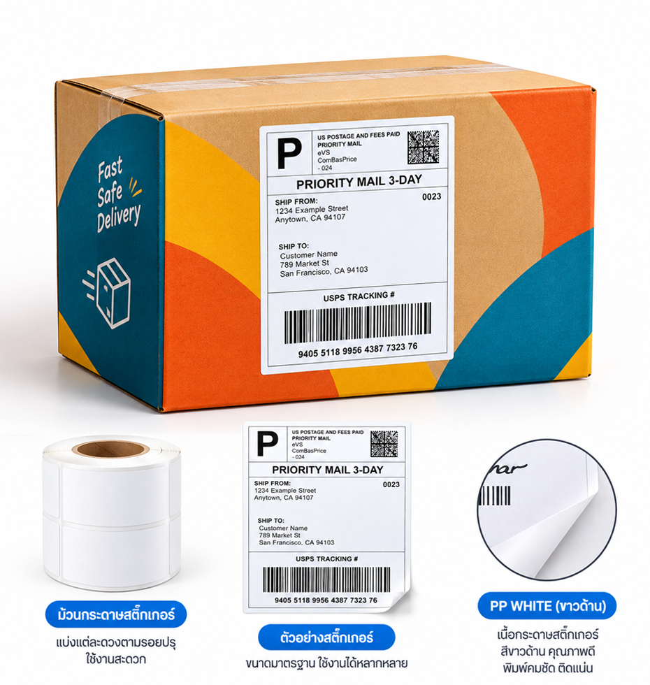 สติ๊กเกอร์บาร์โค้ด-PP-WHITE ขาวด้าน-ฉลากกันน้ำ