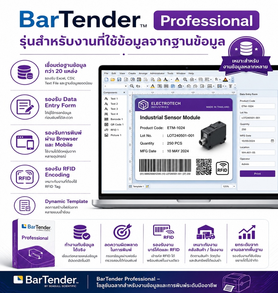 ภาพโปรแกรม BarTender Professional สำหรับออกแบบและพิมพ์ฉลากบาร์โค้ด เชื่อมต่อข้อมูลจาก Excel CSV Data