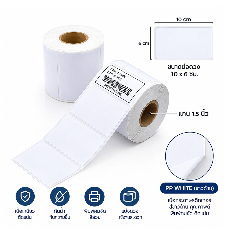 สติ๊กเกอร์บาร์โค้ด-PP-WHITE ขาวด้าน-ฉลากกันน้ำ